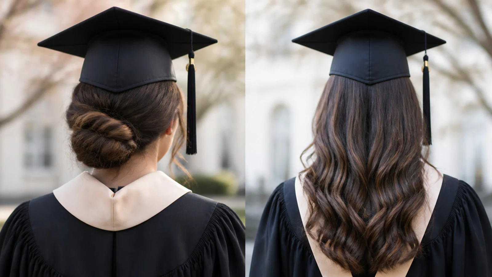 Updo versus hair down graduation hairstyles with cap compared side by side in ceremony photos