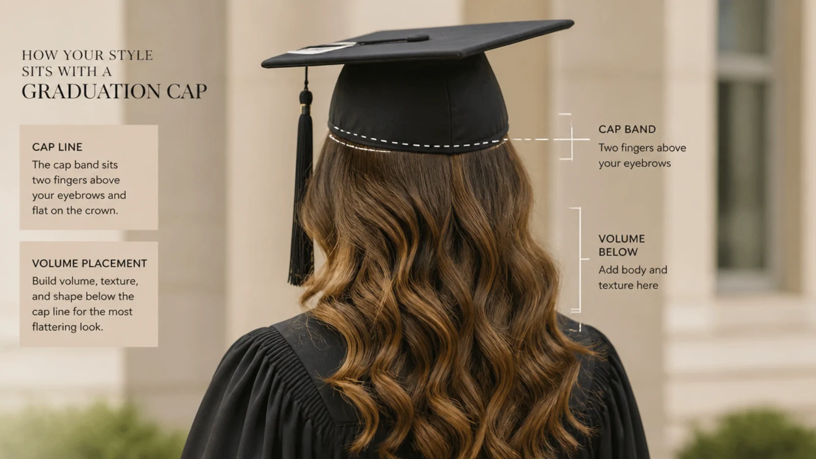 Diagram of where a graduation cap band sits, two fingers above the eyebrows and flat on the crown