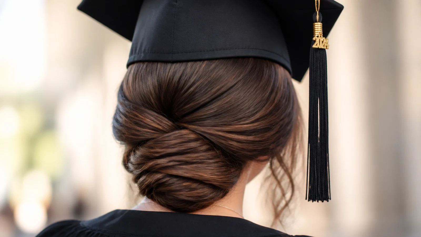 Long hair twisted into a smooth low chignon at the nape of the neck under a graduation cap