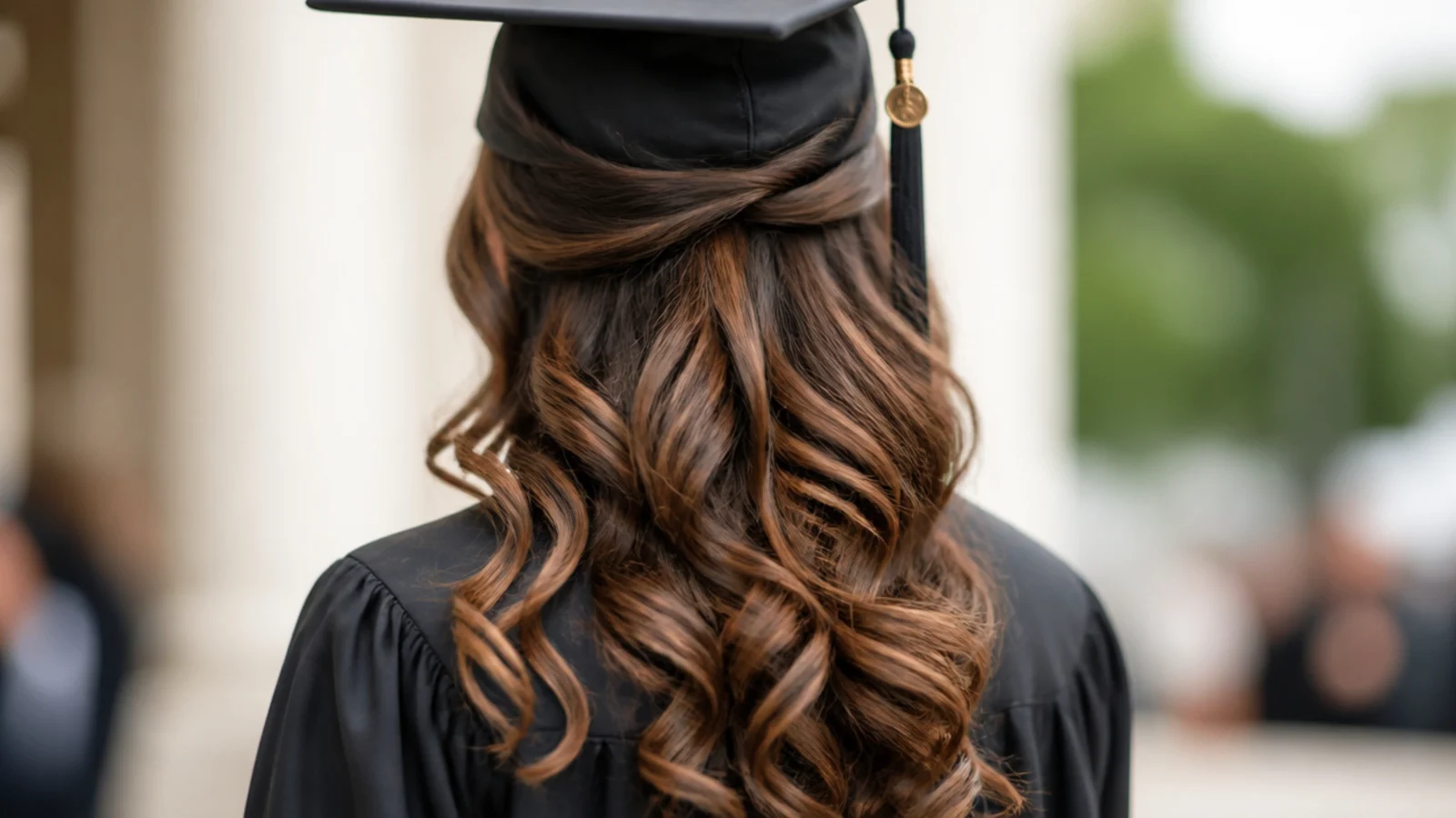 Half up half down graduation hairstyle with 1 inch barrel curls falling below a mortarboard cap