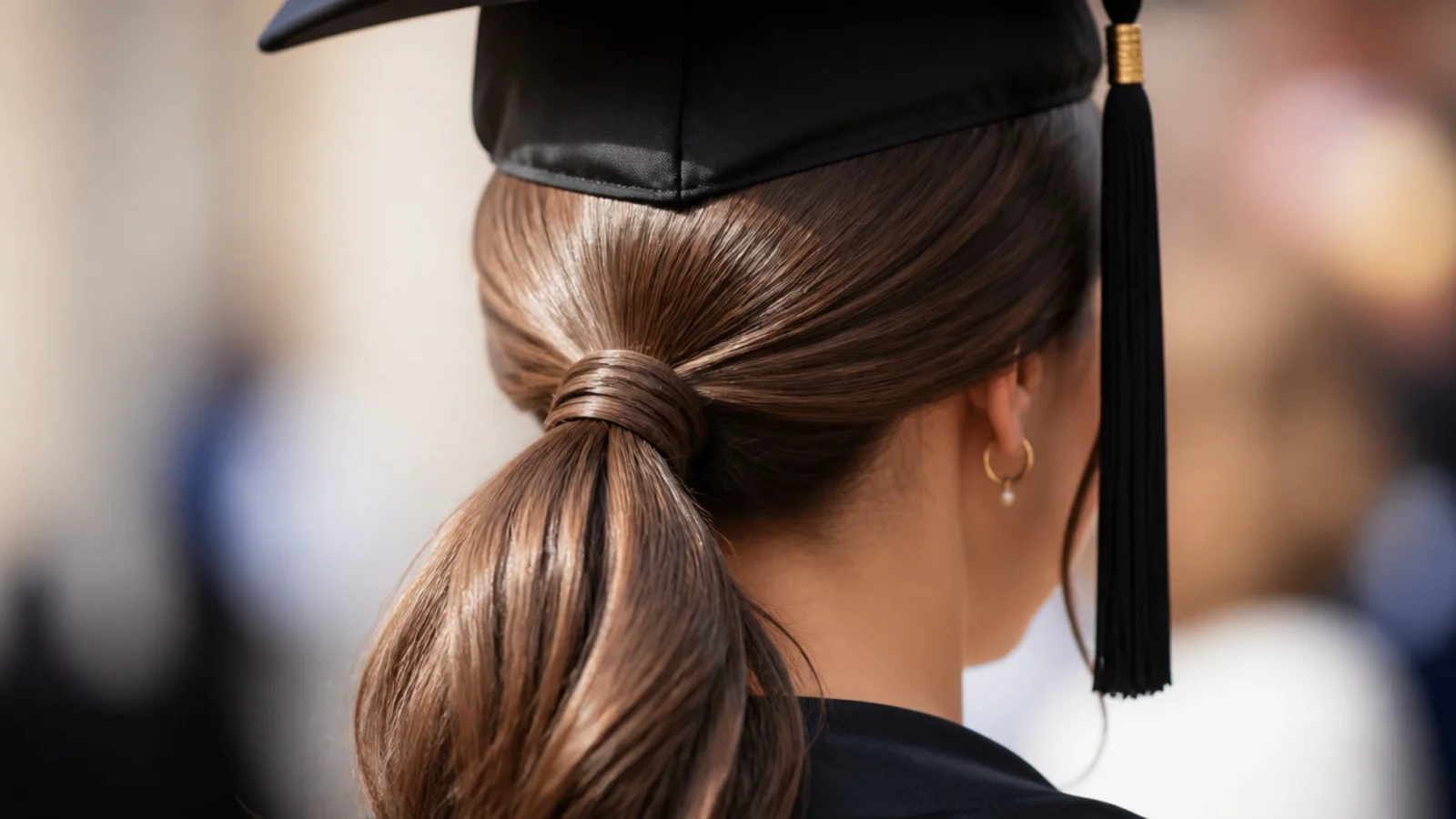 Sleek low graduation ponytail with a smoothed crown and a section of hair wrapped over the elastic