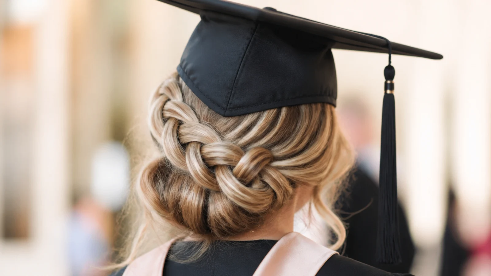 Braided crown halo graduation hairstyle with the braid pinned low around the back of the head
