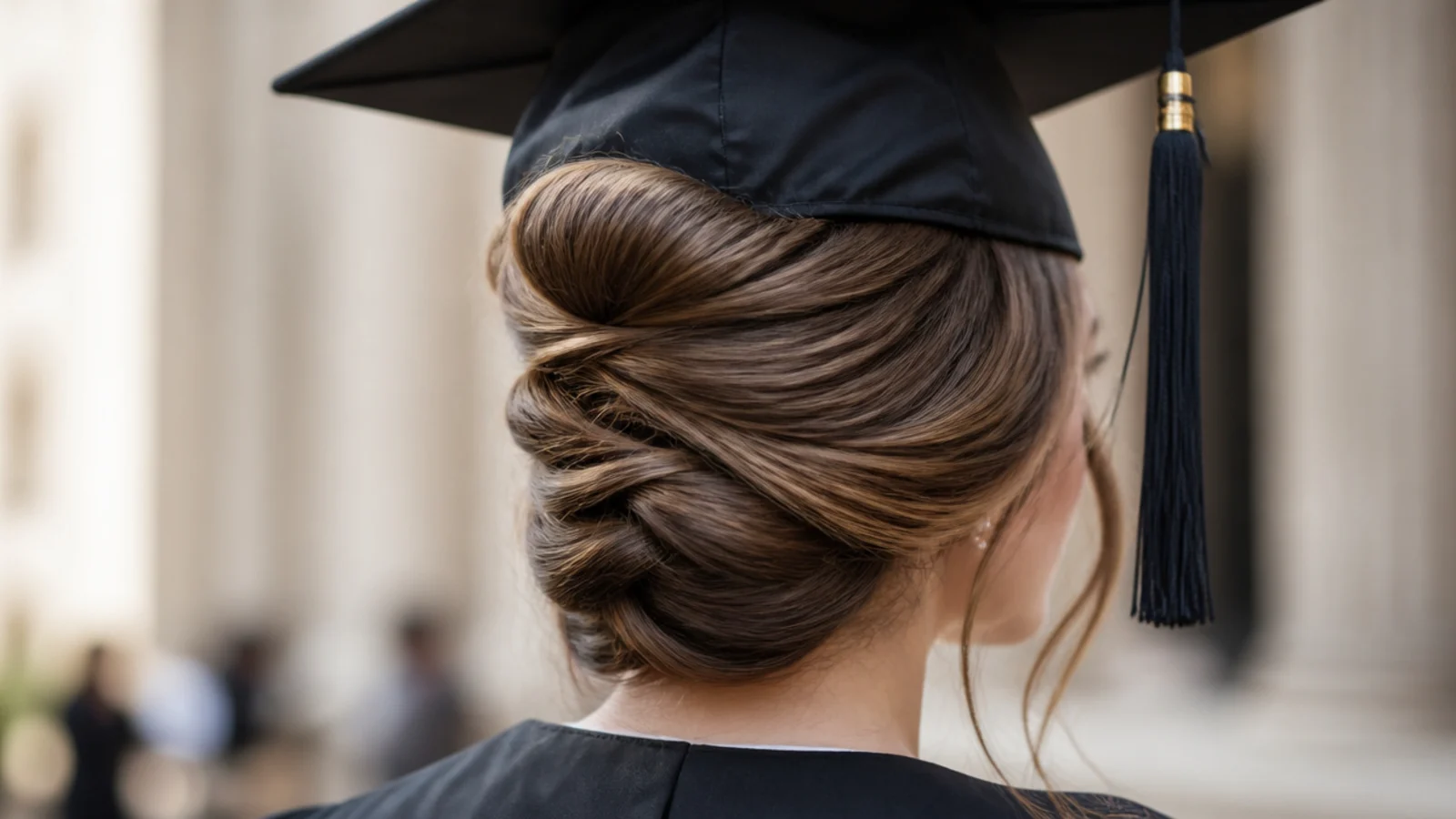 Classic French twist graduation updo pinned vertically down the back of the head under a cap
