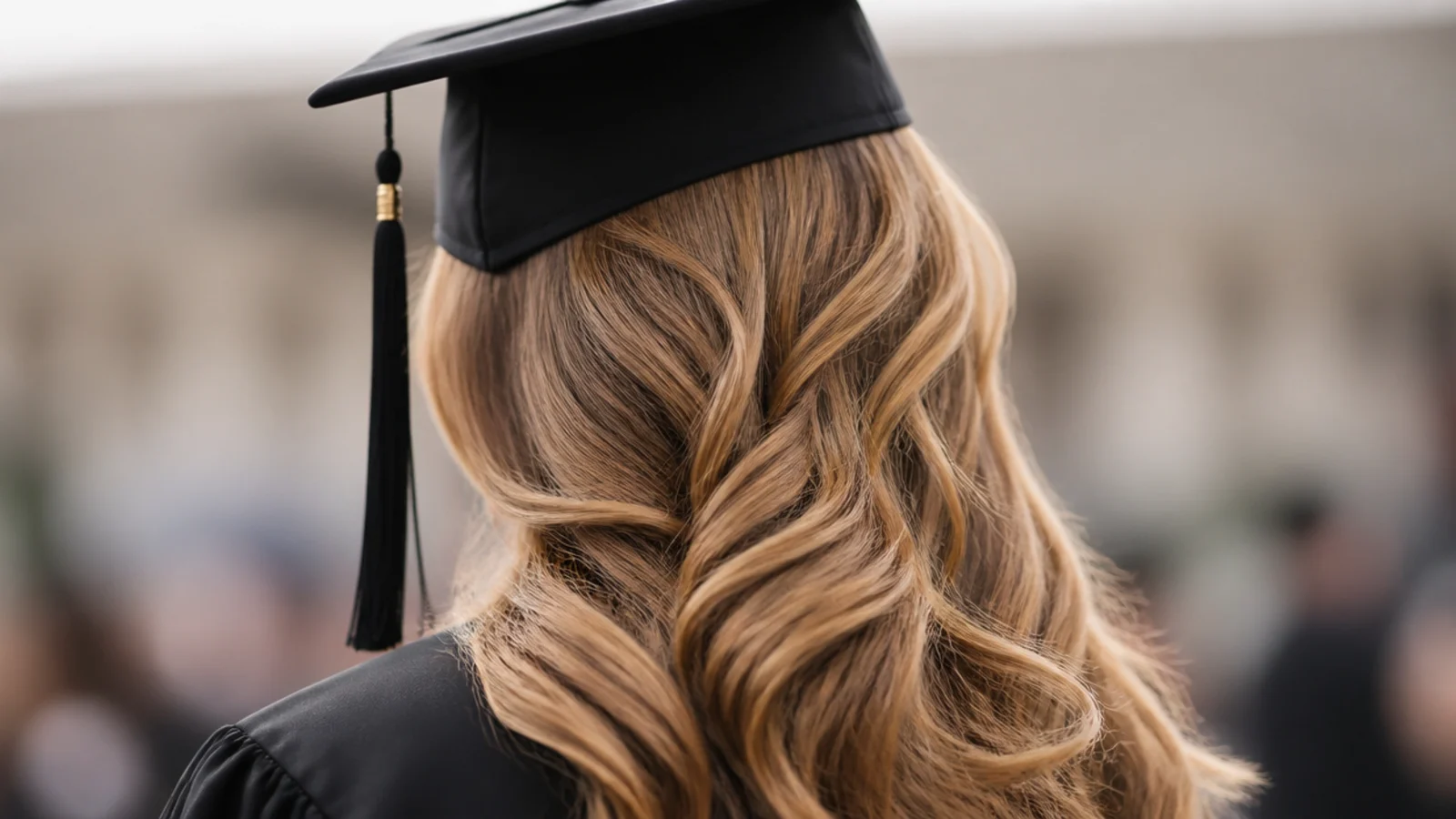 Side swept graduation waves brushed over one shoulder with a deep side part under a mortarboard
