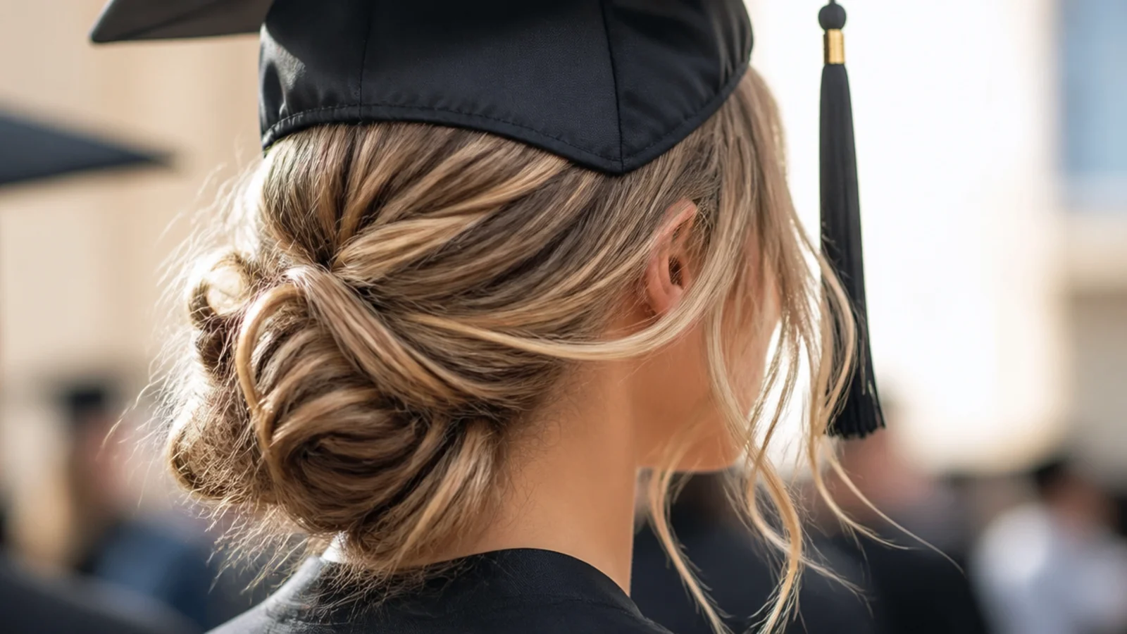 Undone messy low bun graduation hairstyle with soft pieces pulled loose around the face