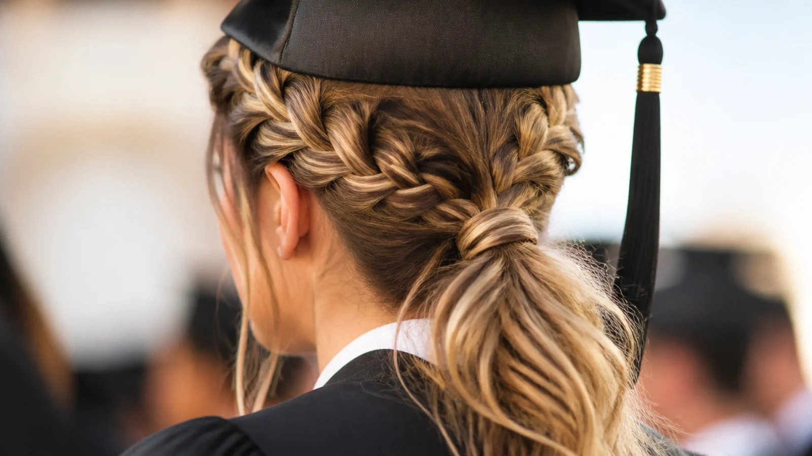 Two Dutch braids running from the front hairline into a low graduation ponytail under a cap