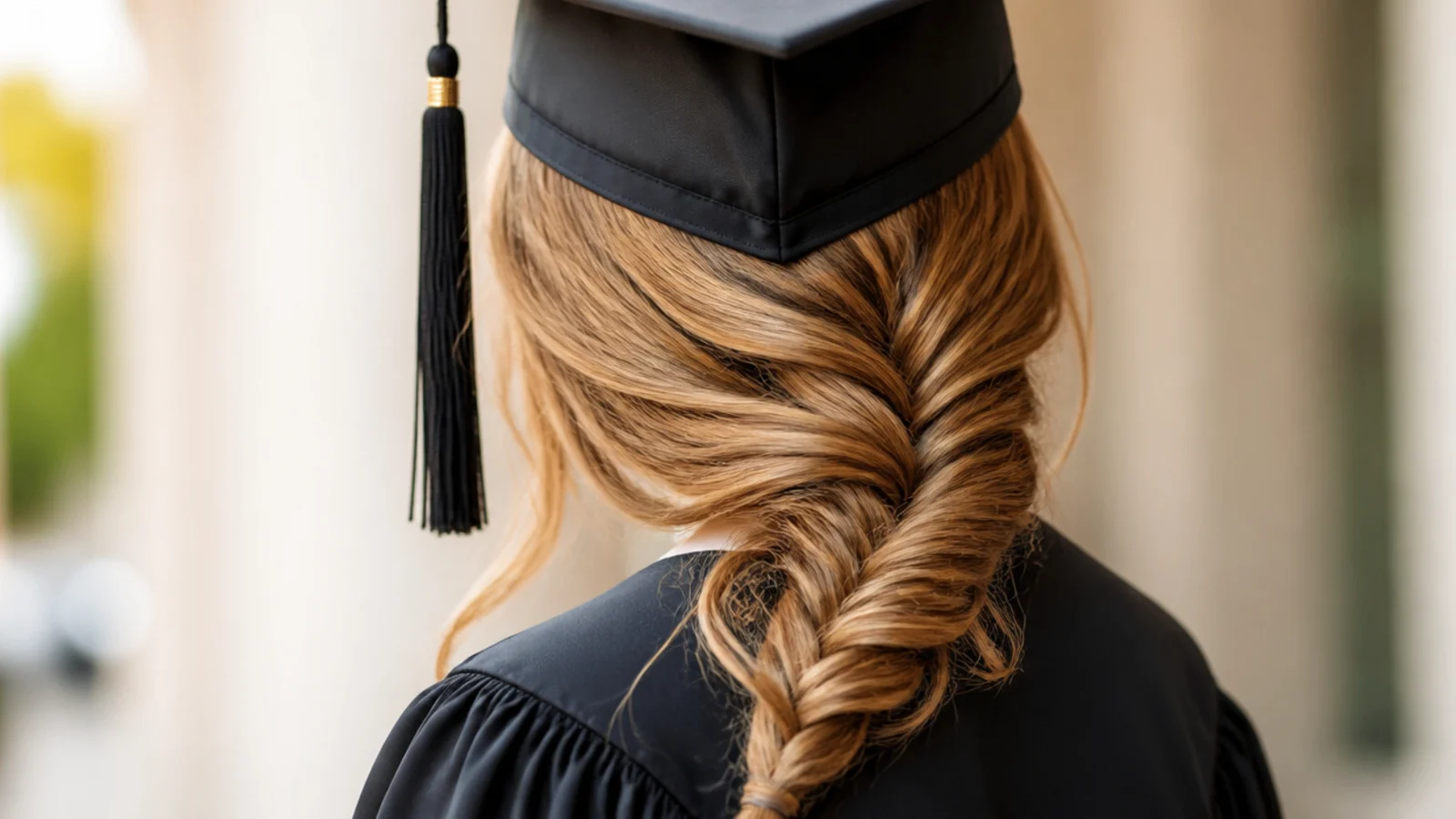 Long side fishtail braid draped over one shoulder as a graduation hairstyle with a cap on