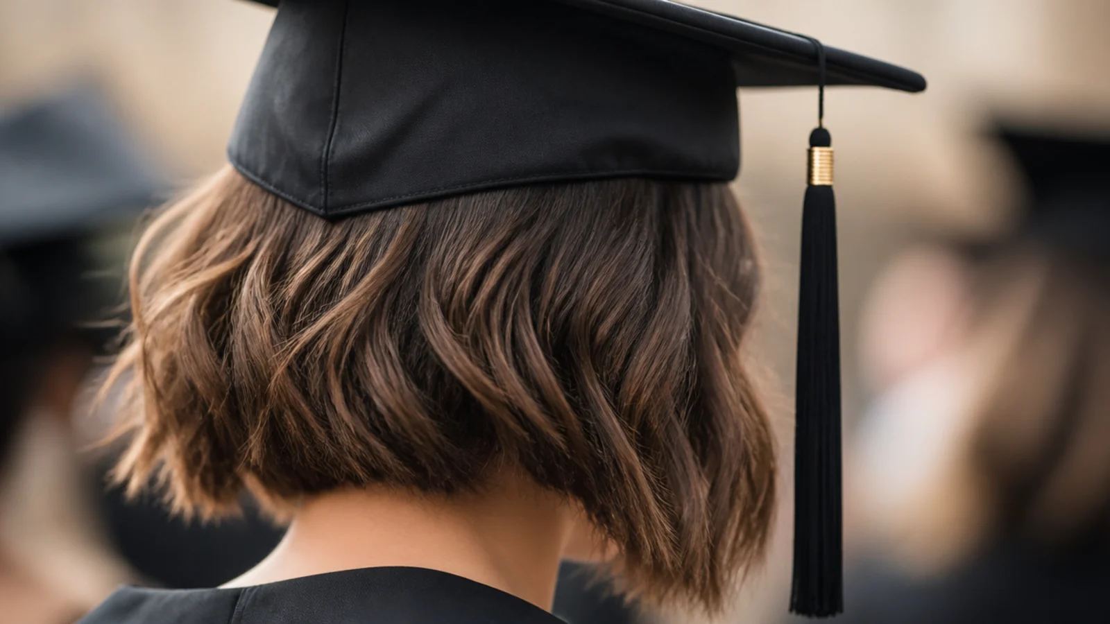 Chin length textured bob with bent waves worn under a graduation cap with volume at the sides