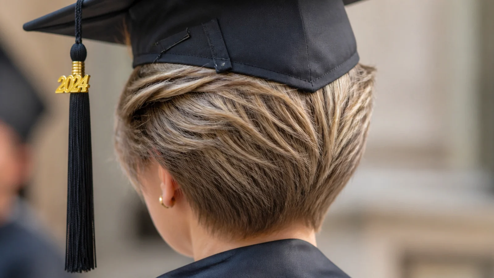 Short pixie cut styled with side swept volume and bobby pins anchoring a graduation cap