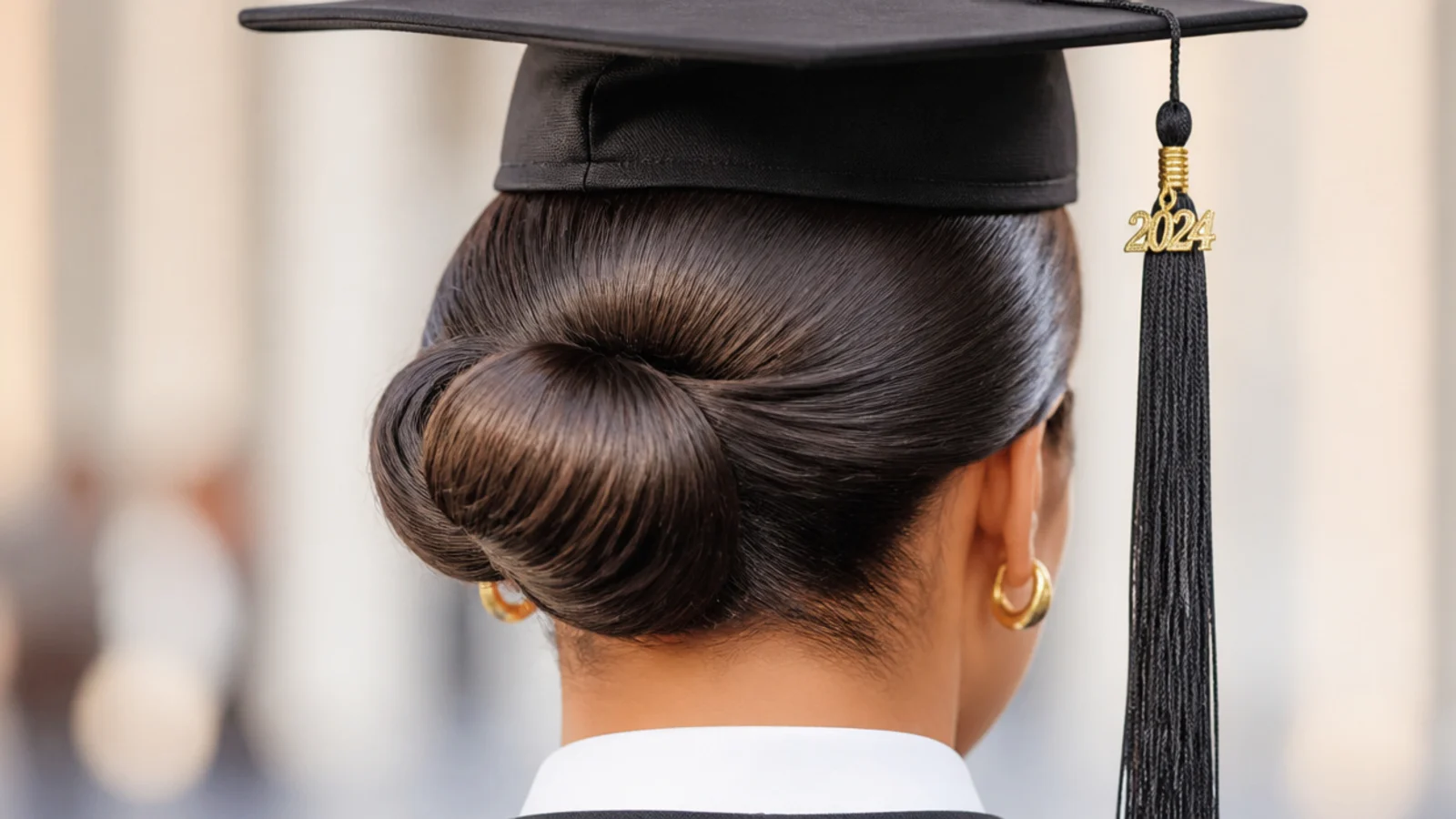 Slicked back low graduation bun with smooth gelled edges and a mortarboard sitting flat on top