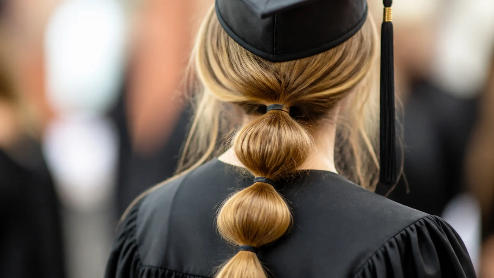 Low bubble ponytail graduation hairstyle with clear elastics tied every three inches down the length
