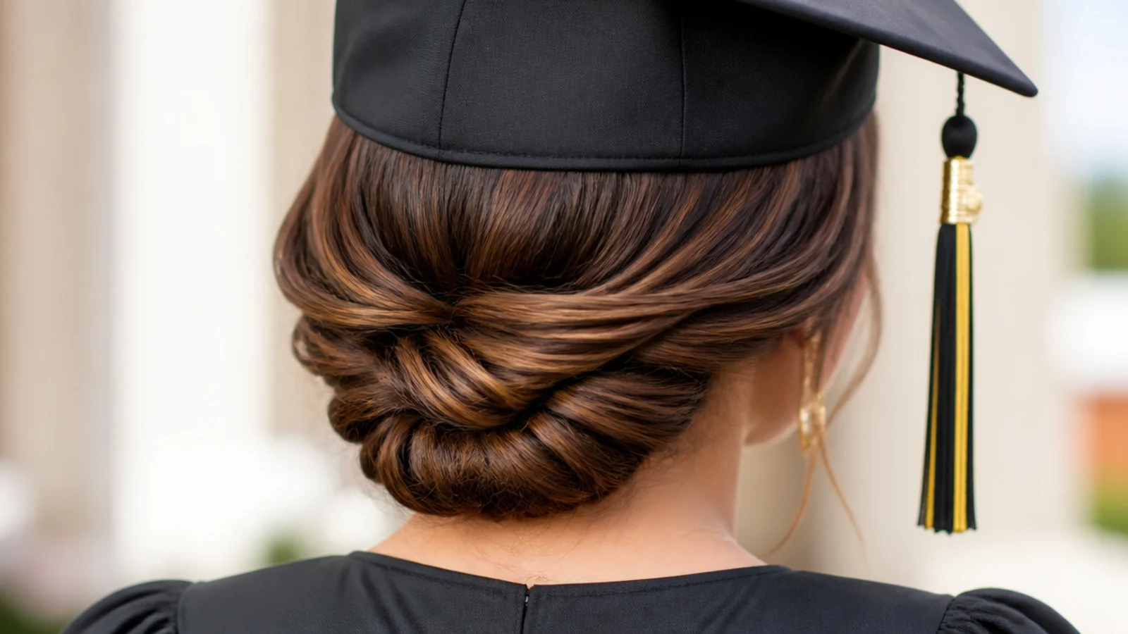 Rope twisted low graduation bun made from two twisted sections coiled at the nape under a cap