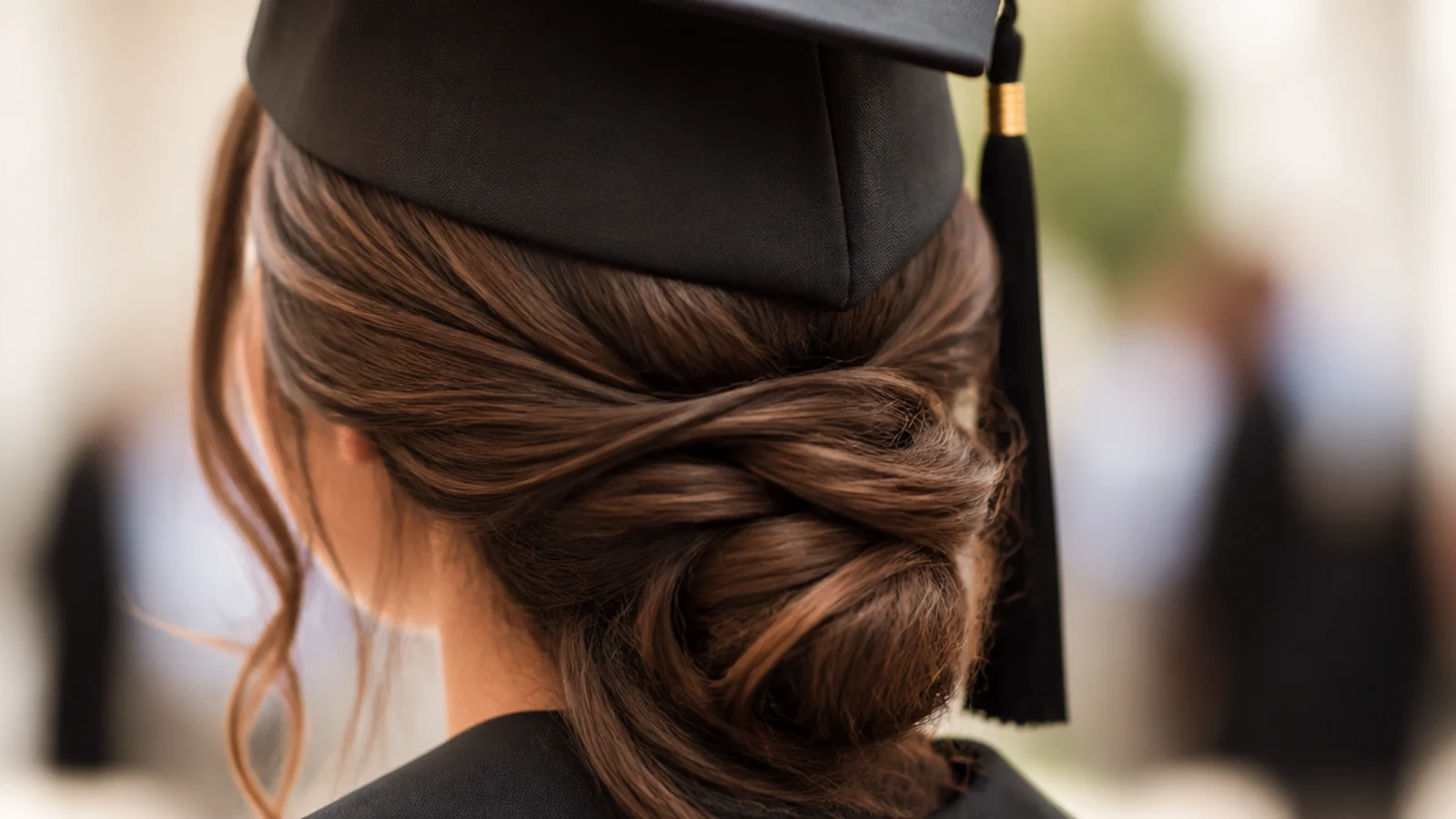 Half up bun graduation hairstyle placed low at the back of the head behind the mortarboard cap edge