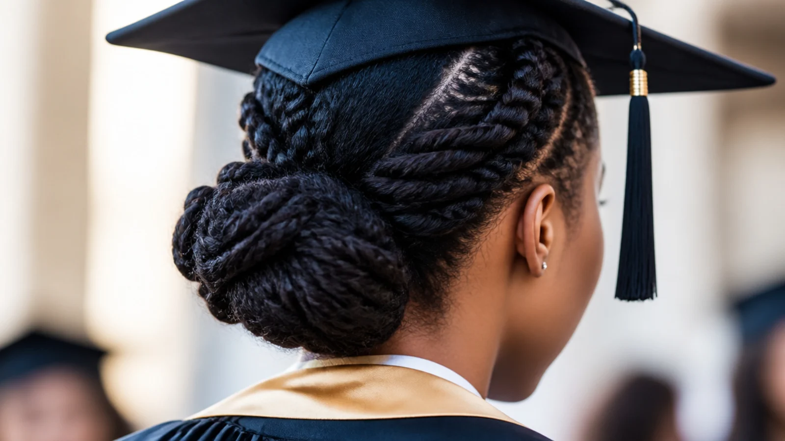 Flat twists running along both sides of the head into a low graduation bun under a mortarboard