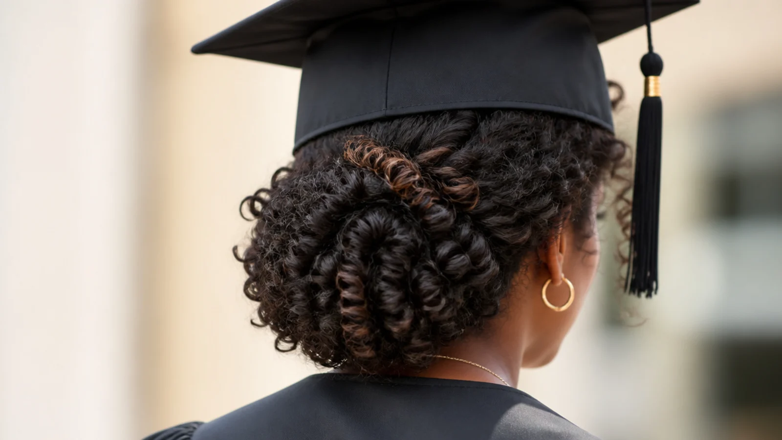 Low curly puff gathered at the nape of the neck as a graduation hairstyle worn with a cap