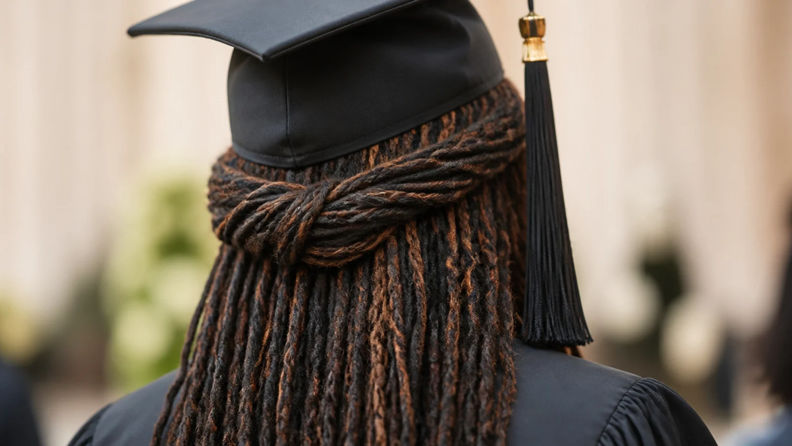 Faux locs styled half up at the back of the head with the remaining locs falling under a graduation cap