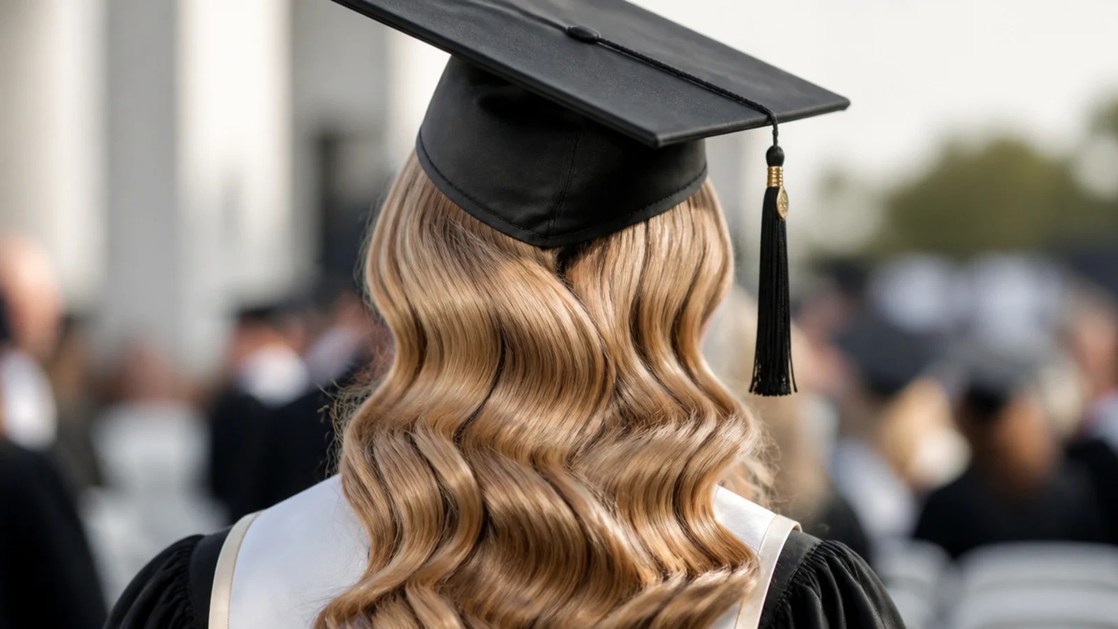 Old Hollywood waves with a deep side part styled for graduation with a mortarboard cap