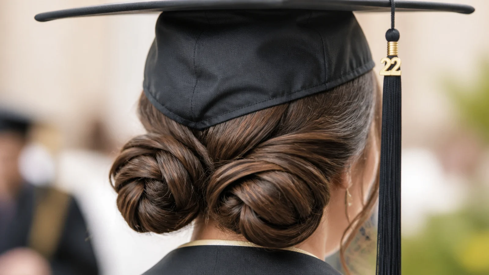 Two low buns positioned behind the ears as a graduation hairstyle worn under a mortarboard cap