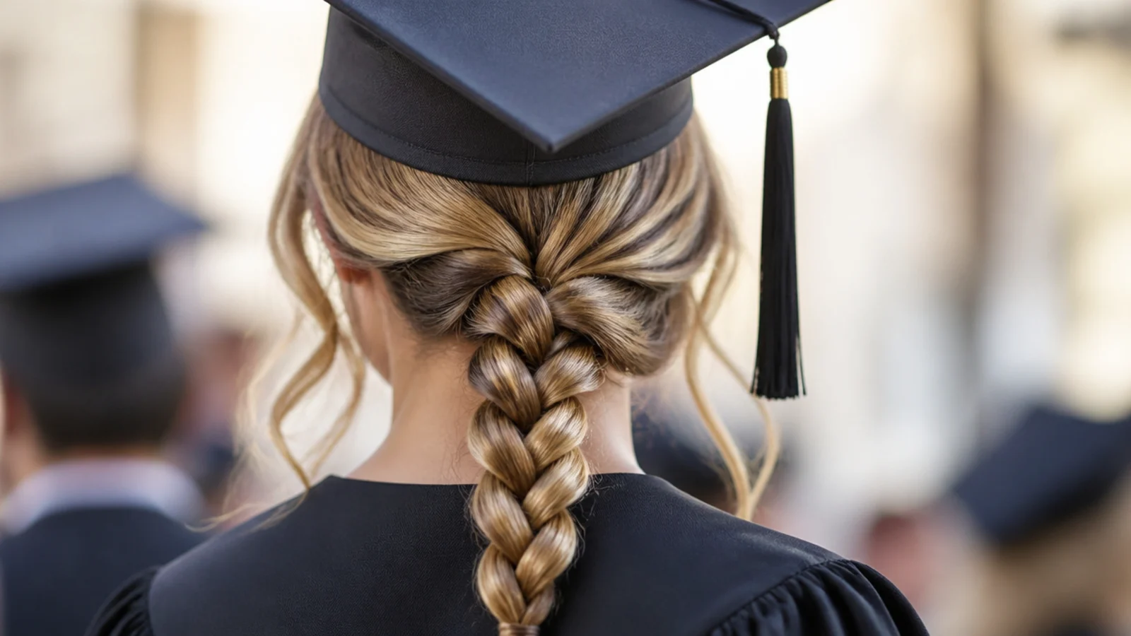 Single rope braid running down the center back as a graduation hairstyle with the cap on