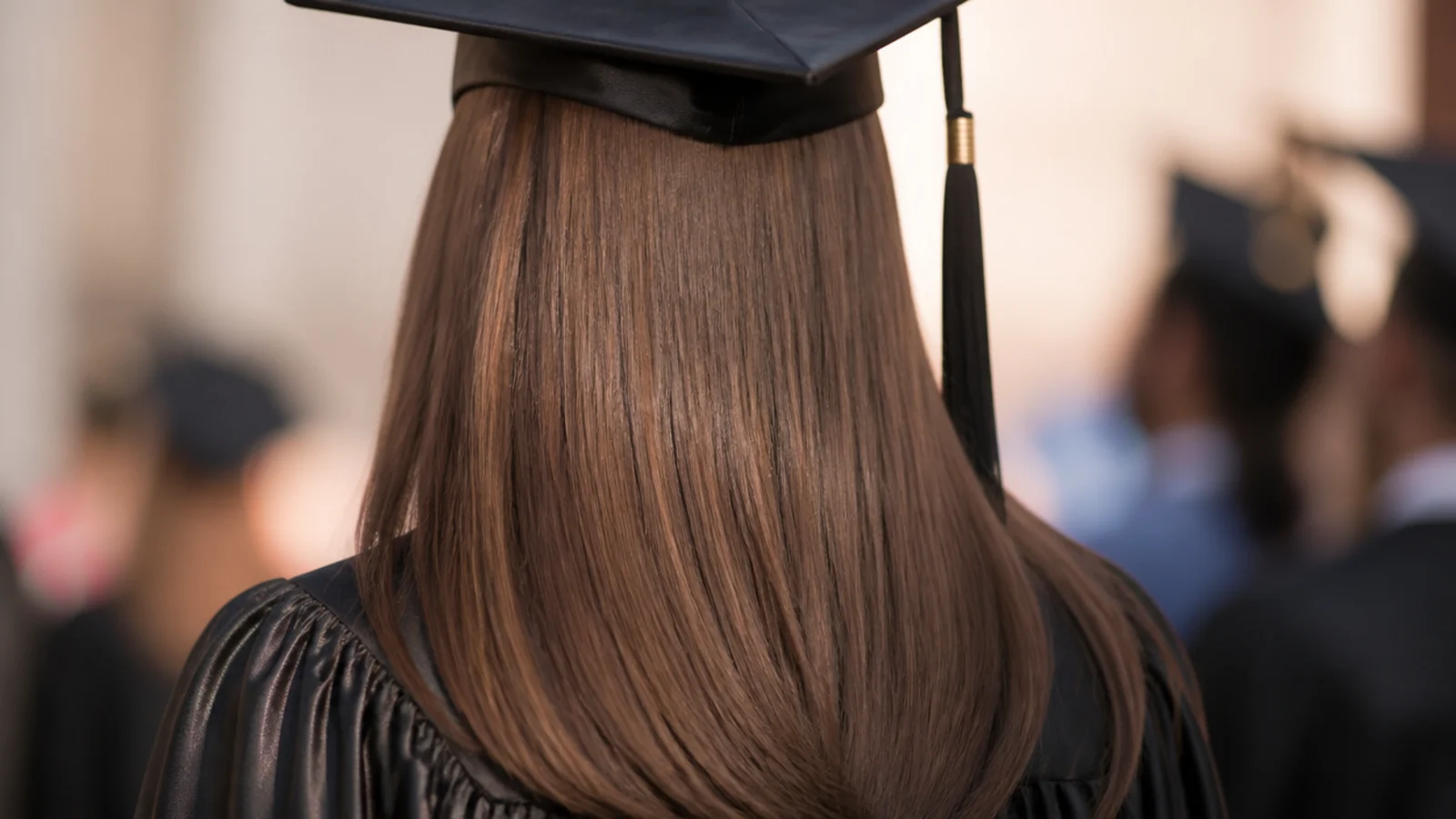 Poker straight graduation hair with a center part and glossy shine serum falling below a cap