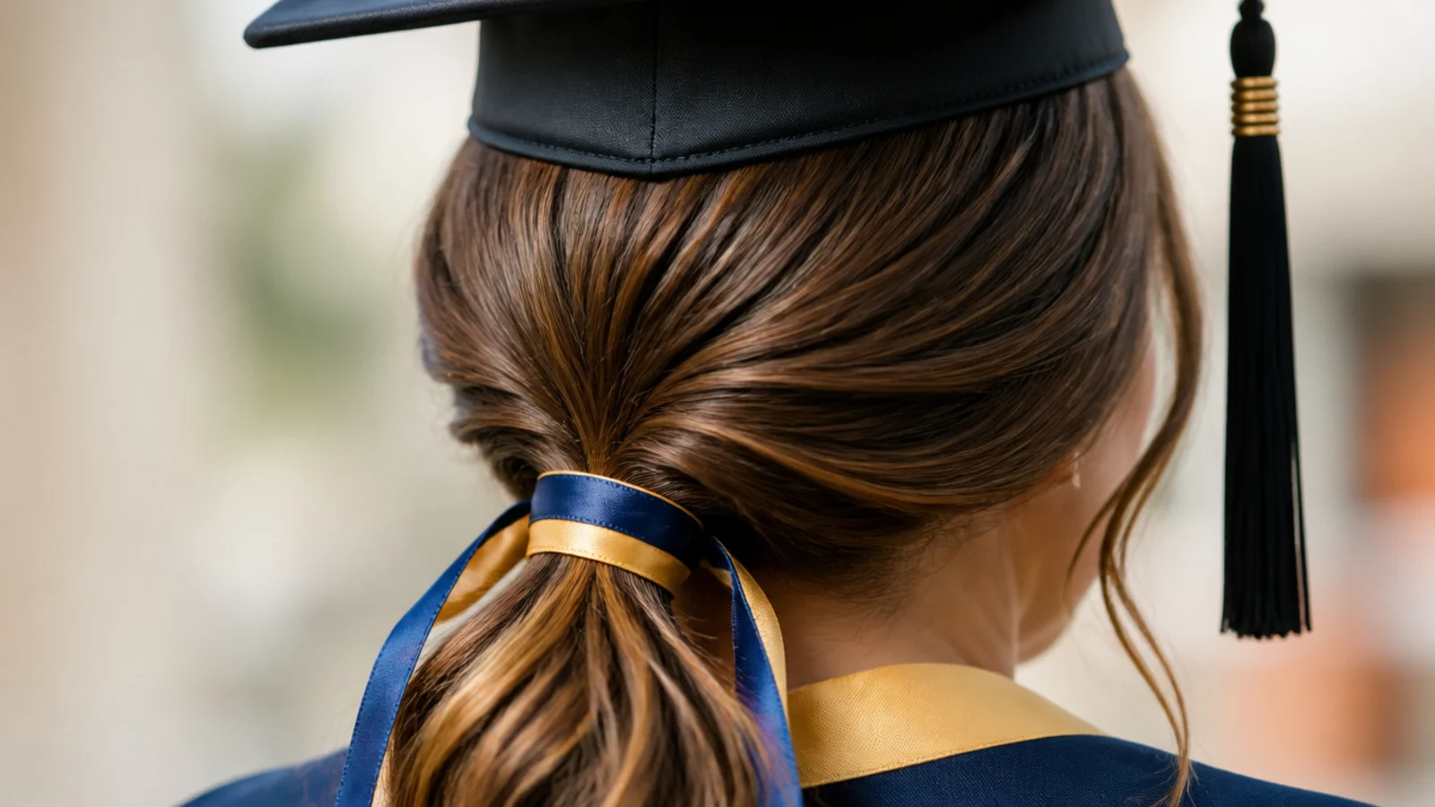 Low graduation ponytail wrapped with a satin ribbon in school colors below a mortarboard cap