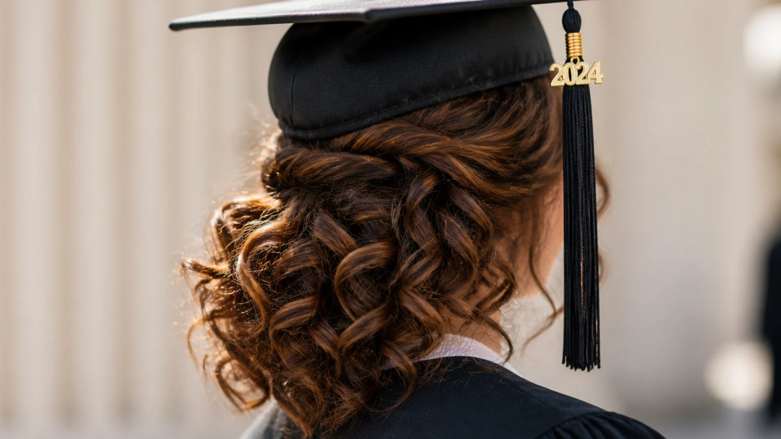 Curly graduation hairstyle with the sides pinned back and the cap tassel falling clear of the face
