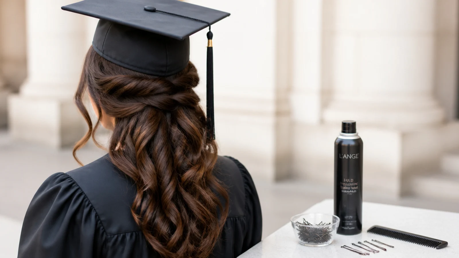 Flexible hold hairspray bobby pins and a comb laid out for all day graduation hair hold