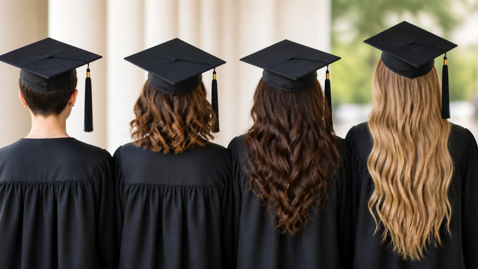 Four graduation hairstyles compared by hair length from pixie to waist length under a cap