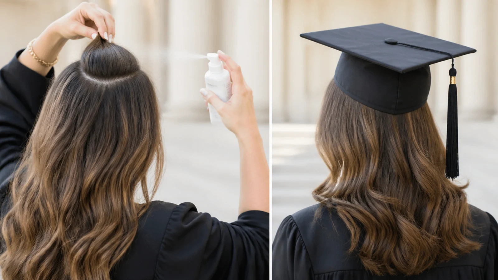 Fixing graduation cap dent at the crown with fingers and a light mist of water before photos