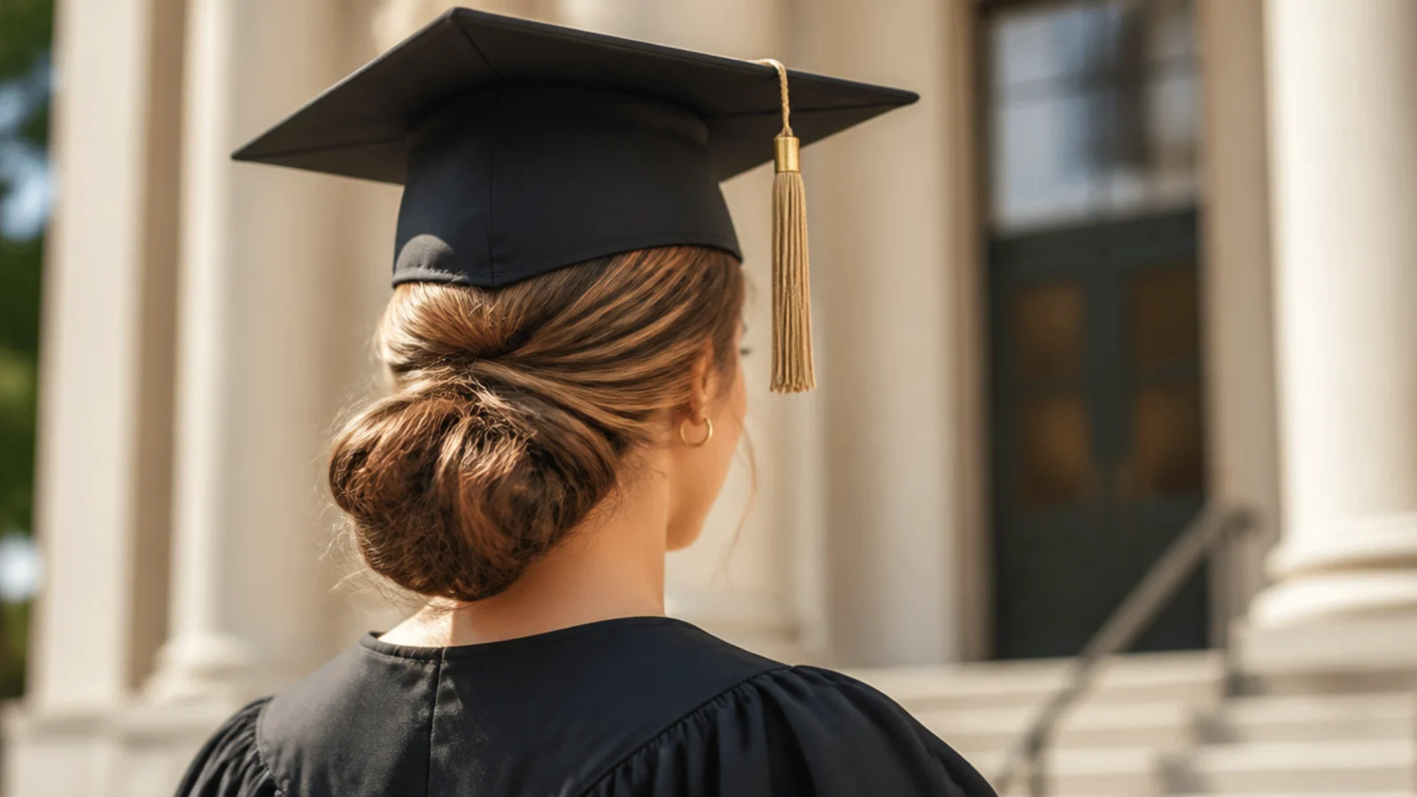 Graduate wearing a low chignon at the nape under a flat black mortarboard cap with gold tassel