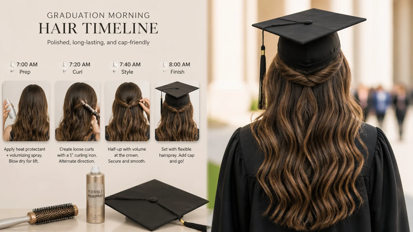 Morning graduation hair timeline with a clock brush hairspray and cap laid out before the ceremony