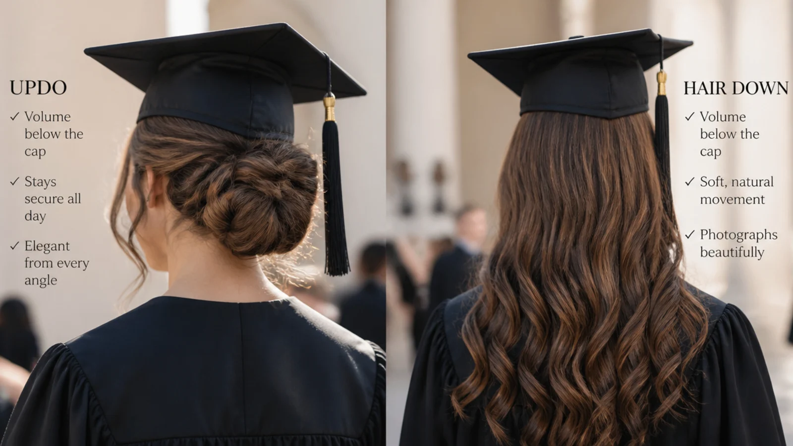 Graduation updo and hair down compared side by side for how each photographs under a cap