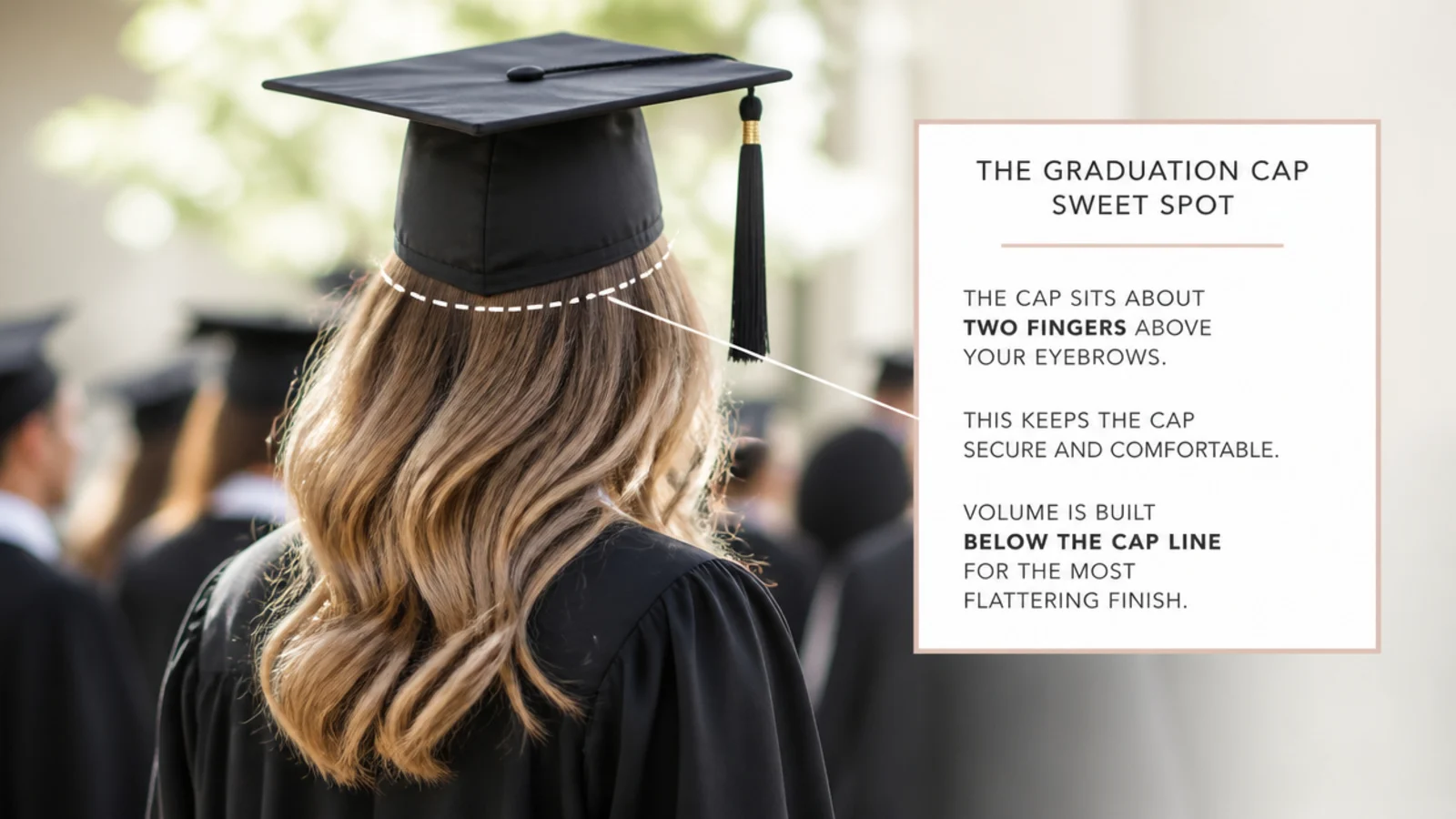 Diagram showing where a graduation cap sits on the head, about two fingers above the eyebrows