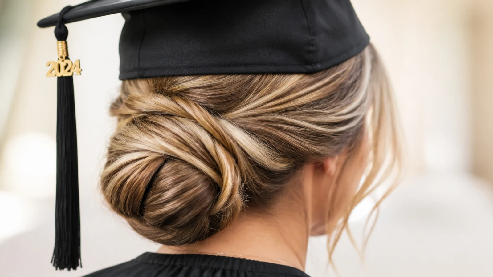 Elegant graduation updo low chignon coiled at the nape two inches below the mortarboard cap band