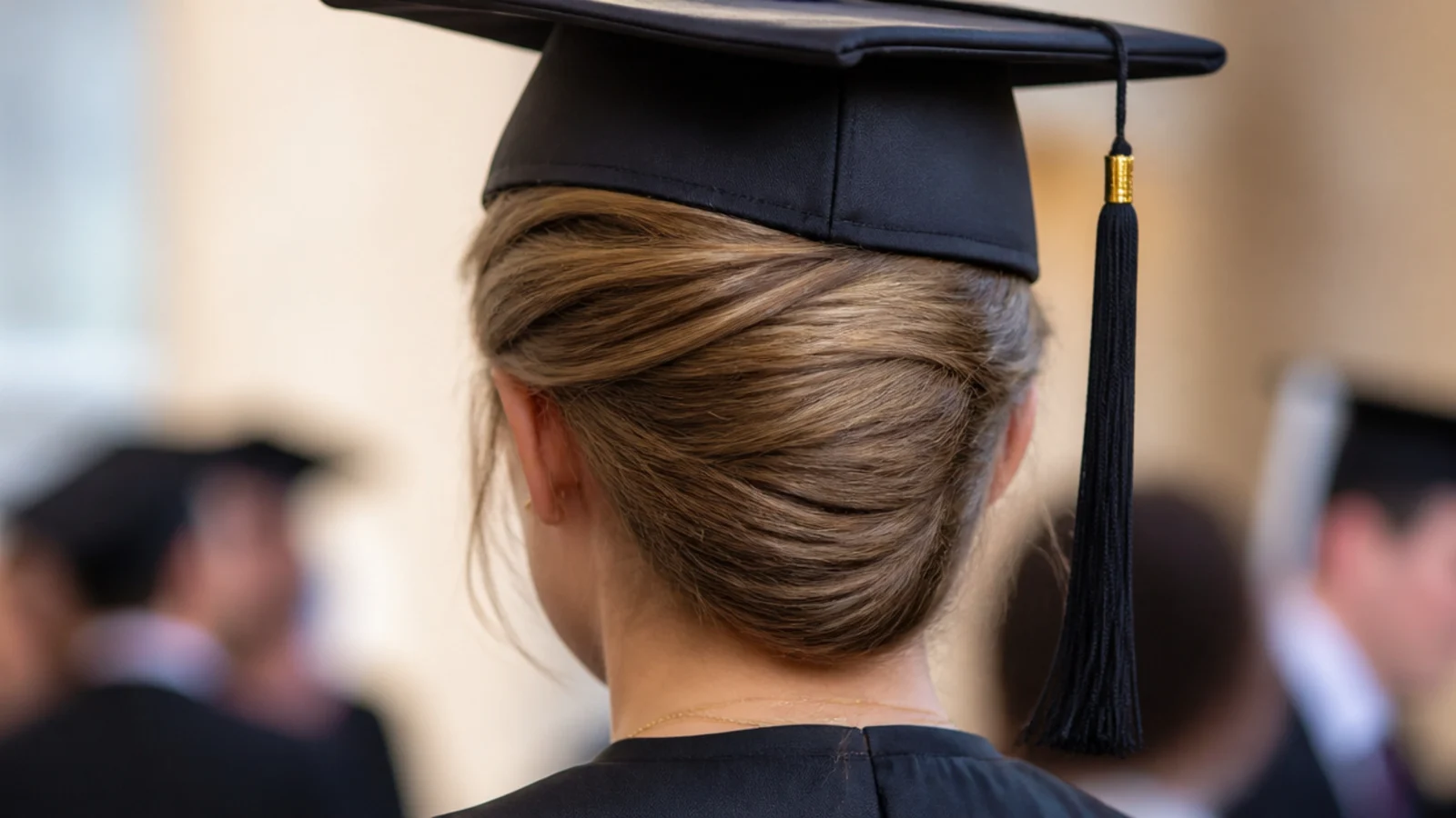 Classic French twist graduation updo rolled vertically and pinned flat below the cap band