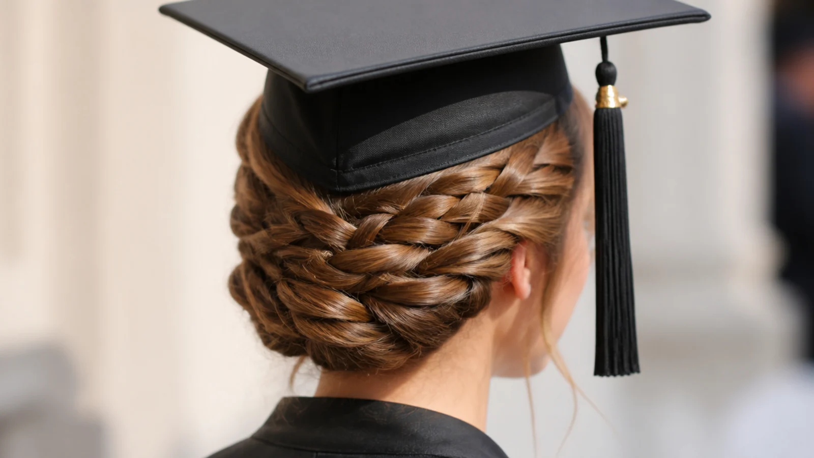 Braided crown graduation updo wrapped low around the head so the cap band clears the braid