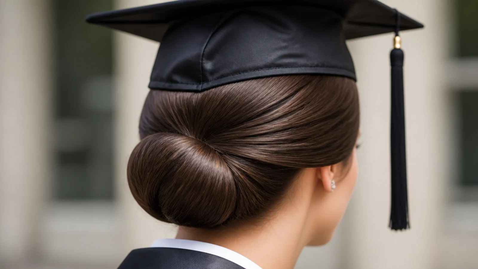 Sleek ballet bun graduation updo tied at the occipital bone with a wrapped smooth base