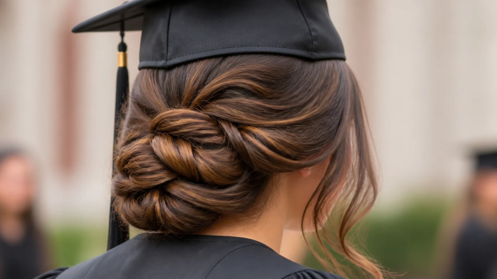 Twisted rope graduation updo built from small sections pinned at the nape on layered hair