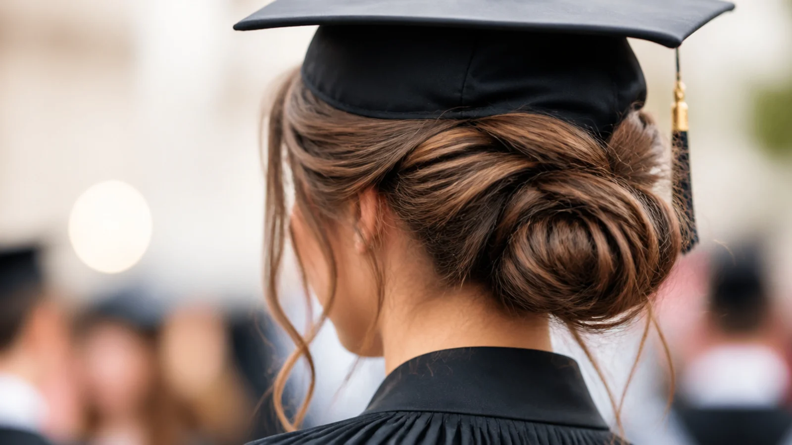 Soft messy low bun graduation updo with two face framing pieces left loose at the temples