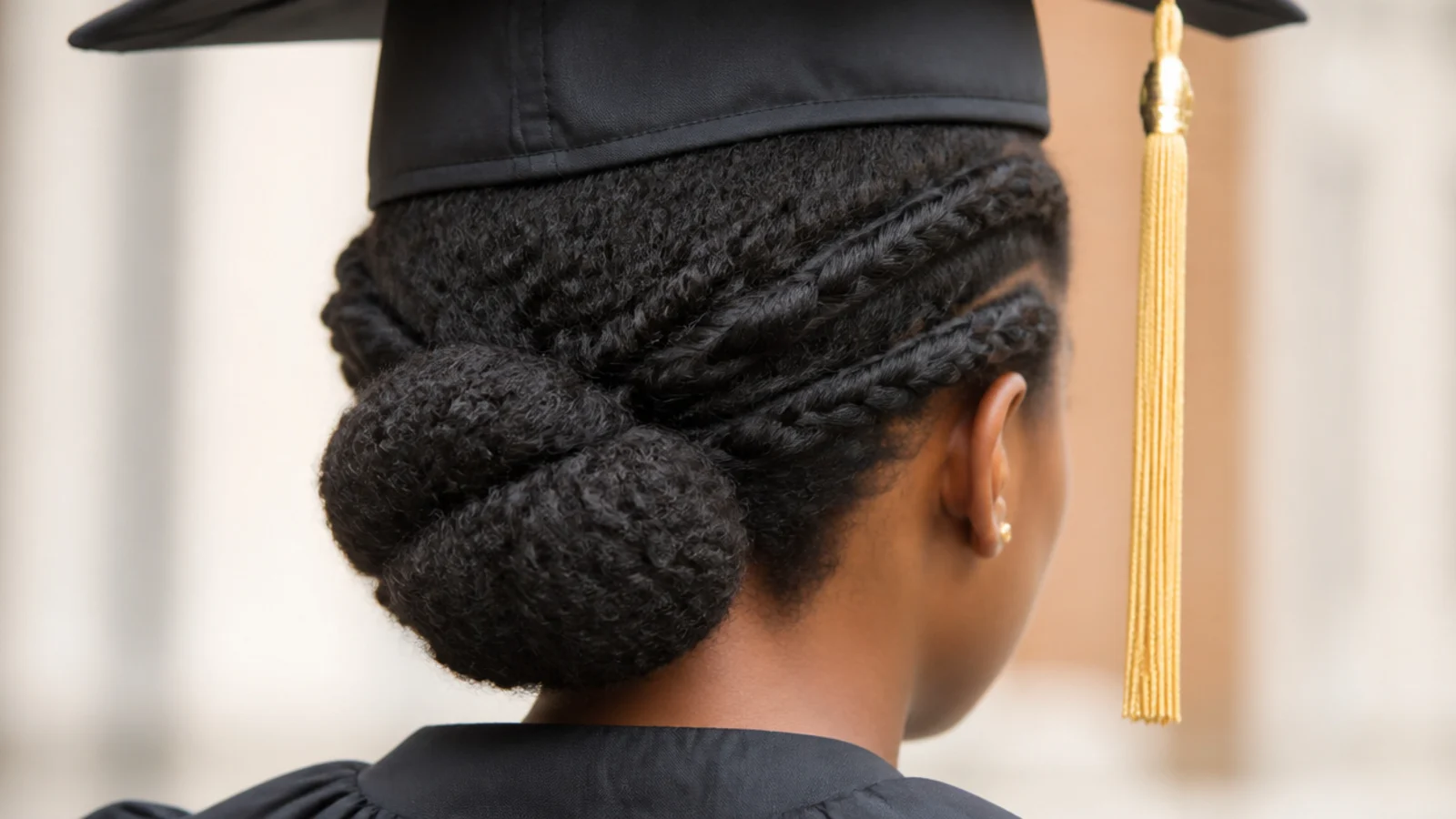 Low bun graduation updo with two flat twists laid along the scalp on 4C natural hair