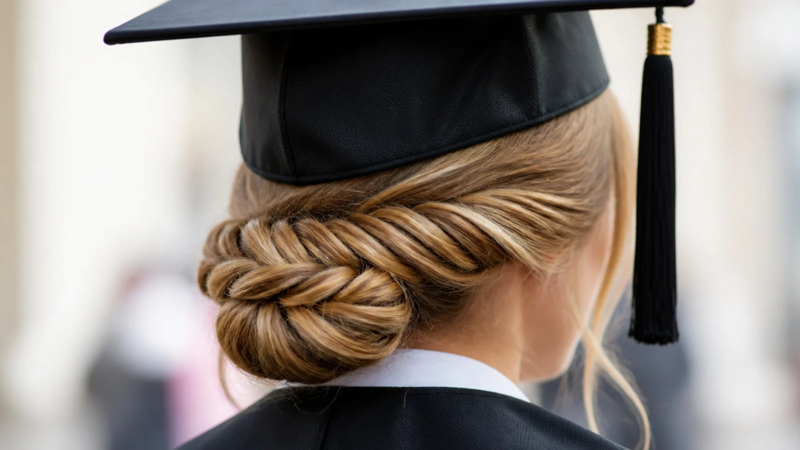 Fishtail braided bun graduation updo coiled at the nape on very long waist length hair
