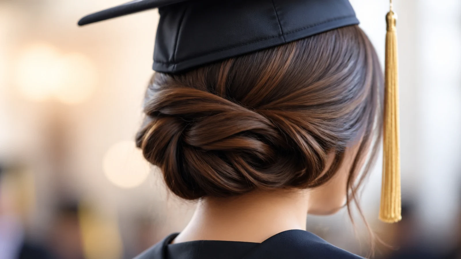 Faux updo graduation hairstyle on a chin length bob with ends tucked and pinned under at the nape