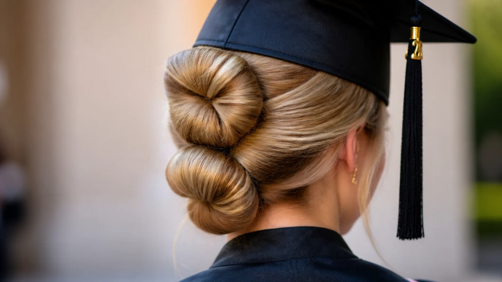 Knotted double bun graduation updo built from two stacked knots on fine slippery hair