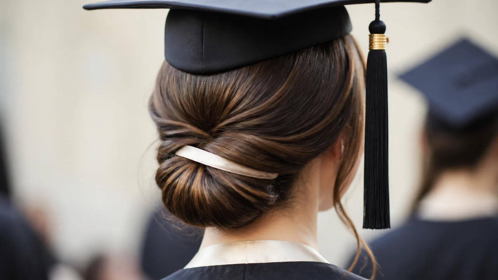 Gibson tuck graduation updo with the length rolled under a thin satin ribbon at the nape