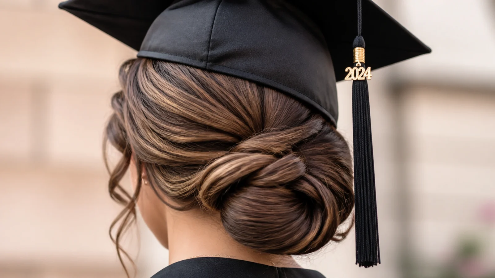 Rolled chignon graduation updo built over a hidden hair donut for a full even bun shape