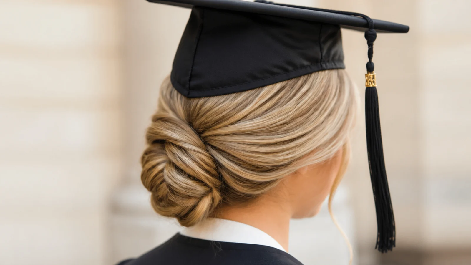 Side swept low bun graduation updo positioned behind the left ear with a smooth sweep across the back
