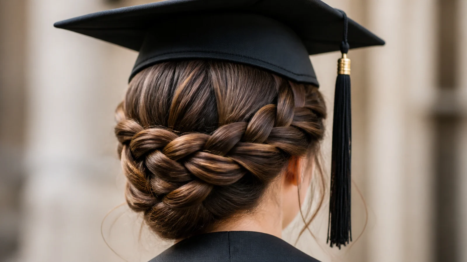 Braided halo graduation updo with the braid tail tucked under and pinned flat at the nape