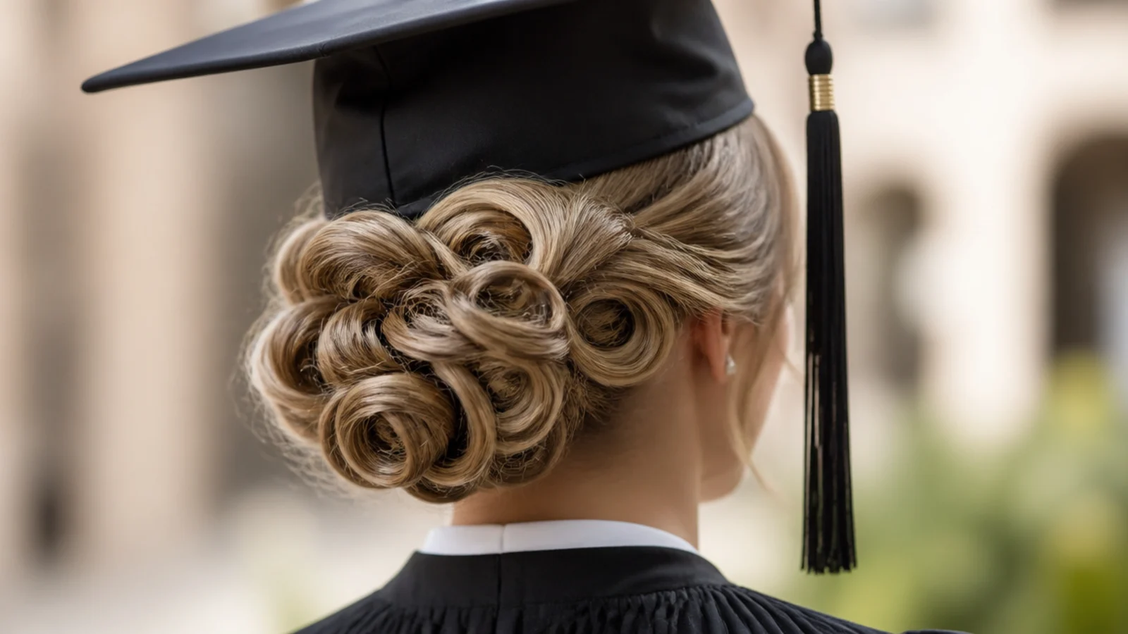 Sculpted pin curl graduation updo with individual curls pinned into a low sculpted shape at the nape