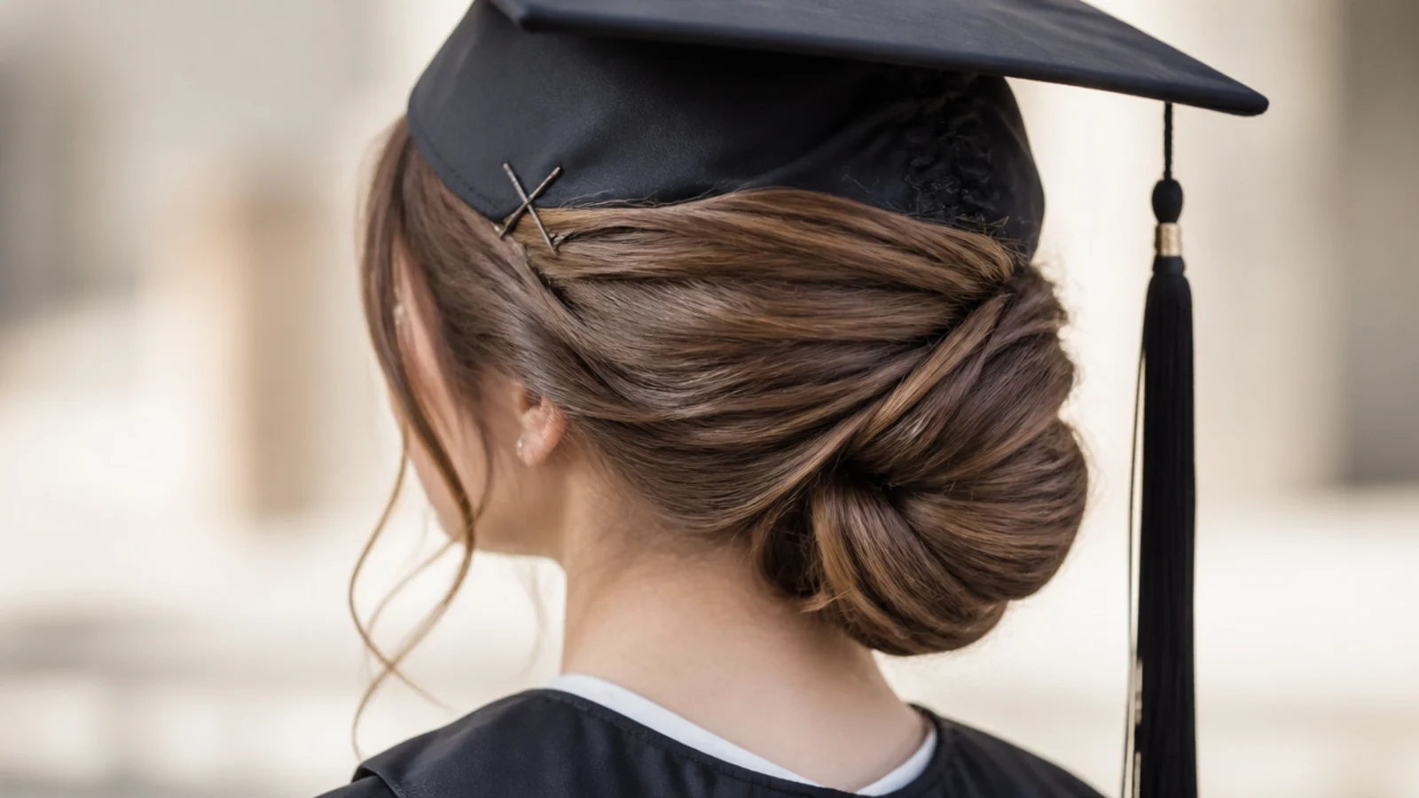 Low bun graduation updo with two bobby pins crossed at each temple to anchor the mortarboard cap