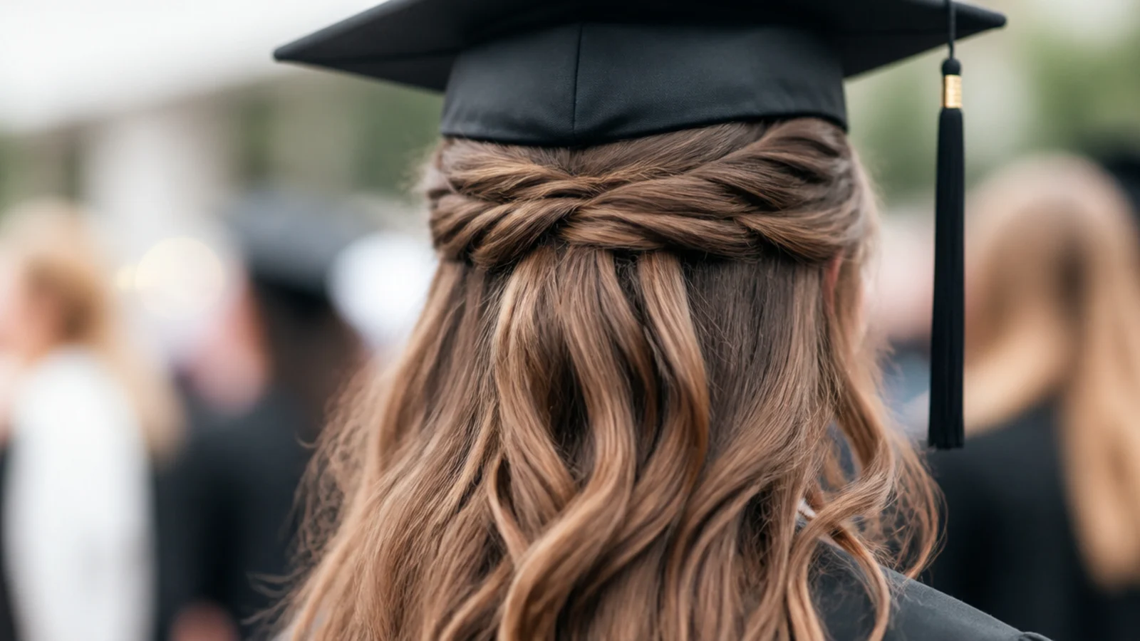 Half updo graduation hairstyle with the top section twisted back and pinned flat under the cap band